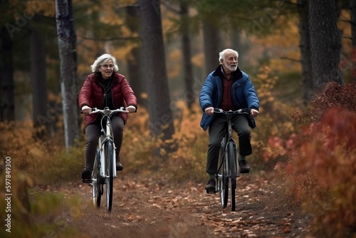 Senior woman and man riding bikes together in autumn. Generative AI