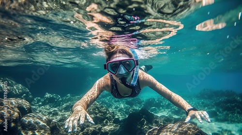 A photograph of a woman snorkeling among coral reefs, with a focus on the vibrant and diverse marine life present in a healthy reef. Generative AI