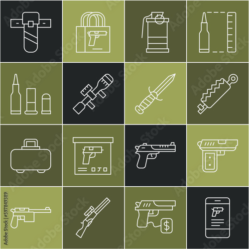 Set line Shop weapon in mobile app, Pistol or gun, Trap hunting, Hand smoke grenade, Sniper optical sight, Bullet, Knife holster and Military knife icon. Vector