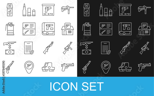 Set line Desert eagle gun, Tommy, Hunting shop weapon, Military ammunition box, Weapon catalog, Hand smoke grenade, Pepper spray and Book with pistol or icon. Vector
