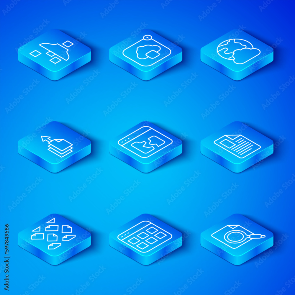 Set line Data stream, Broken file, Browser files, File document, Social network, export, Filter setting and Search concept with folder icon. Vector Set line Data stream, Broken file, Browser files, File document, Social network, export, Filter setting and Search concept with folder icon. Vector
