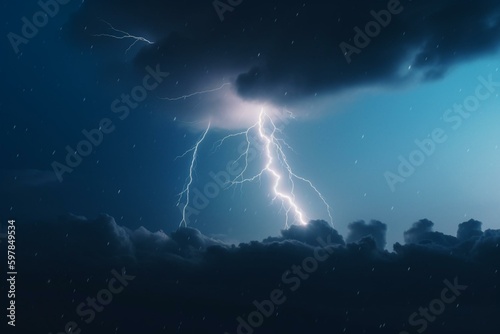 An illustration of lightning bolt during thunderstorm in dark blue sky clouds. Generative AI