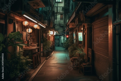 Nighttime Tokyo alley with retro feel. Generative AI