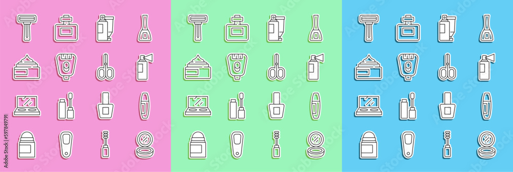 Set line Makeup powder with mirror, Mascara brush, Perfume, Cream lotion cosmetic tube, Epilator, Shaving razor and Scissors icon. Vector Set line Makeup powder with mirror, Mascara brush, Perfume, Cream lotion cosmetic tube, Epilator, Shaving razor and Scissors icon. Vector