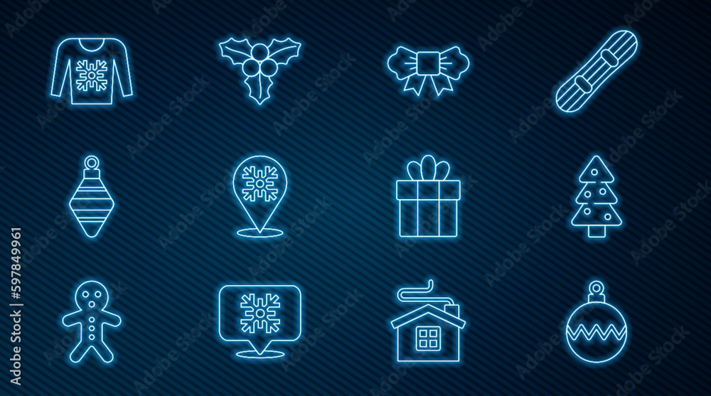 Set line Christmas ball, tree, Bow tie, Snowflake, sweater, Gift box and Branch viburnum icon. Vector Set line Christmas ball, tree, Bow tie, Snowflake, sweater, Gift box and Branch viburnum icon. Vector