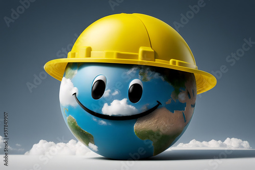 Fototapeta Naklejka Na Ścianę i Meble -  Smiling planet earth wearing a yellow construction helmet. International Labour Day. Generative Ai