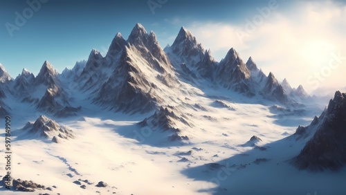 A mountain range with snowy peaks and rugged cliffs.