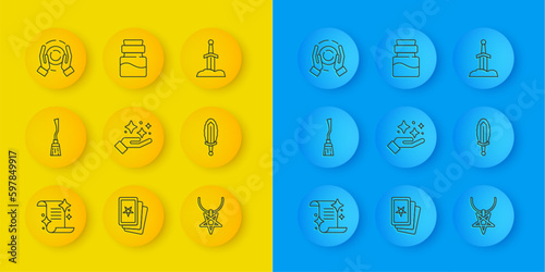 Set line Ancient magic book, Witches broom, Sparkle stars with trick, Pentagram on necklace, Magic sword in fire, ball hand, Sword the stone and Bottle potion icon. Vector