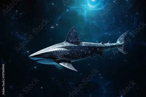 Digital art of a celestial shark in a starry universe on a dark background. Generative AI
