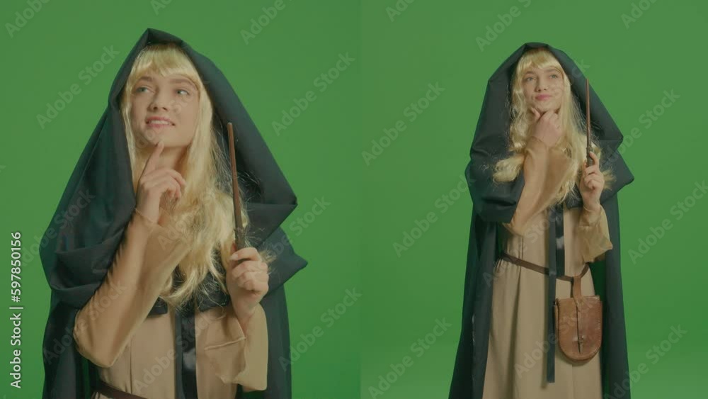 Split Tale Woman 2-in-1 Split Green Screen Montage. Smiling Woman Sorceress Dressed in a ...
