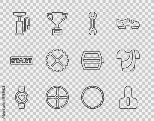 Set line Smart watch, Bicycle seat, Wrench spanner, wheel, air pump, sprocket crank, and Cycling t-shirt icon. Vector