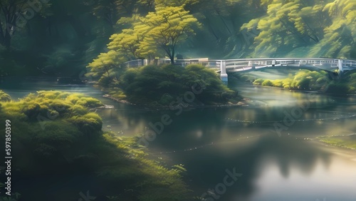 A serene river with a bridge and trees reflecting in the water.