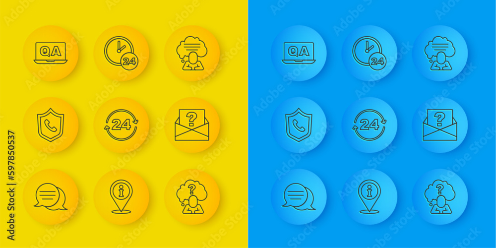 Set line Speech bubble chat, Telephone 24 hours support, Head with question mark, Envelope, Question and Answer, and Clock icon. Vector Set line Speech bubble chat, Telephone 24 hours support, Head with question mark, Envelope, Question and Answer, and Clock icon. Vector