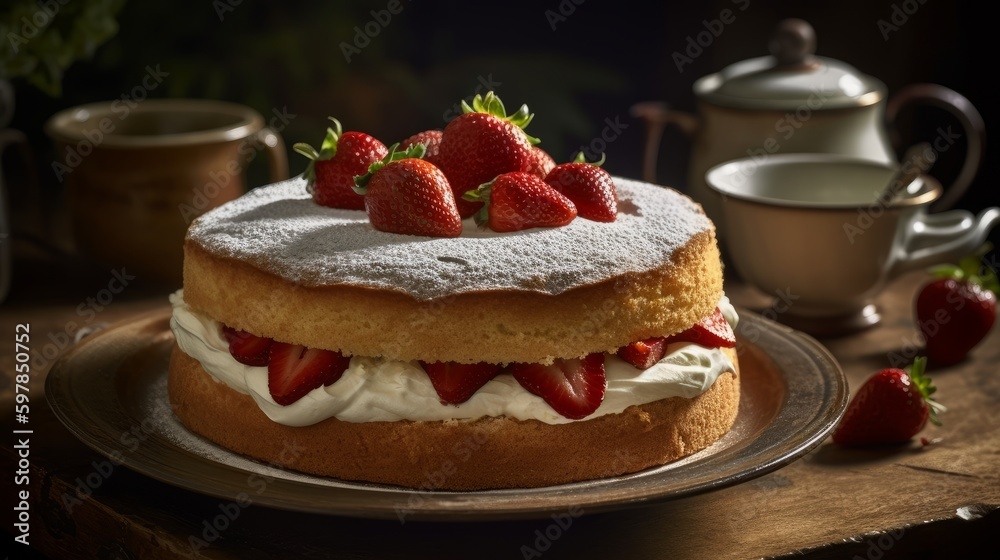 Classic Vanilla Sponge Cake with Fresh Strawberries and Whipped Cream. Generative AI. Classic Vanilla Sponge Cake with Fresh Strawberries and Whipped Cream. Generative AI.