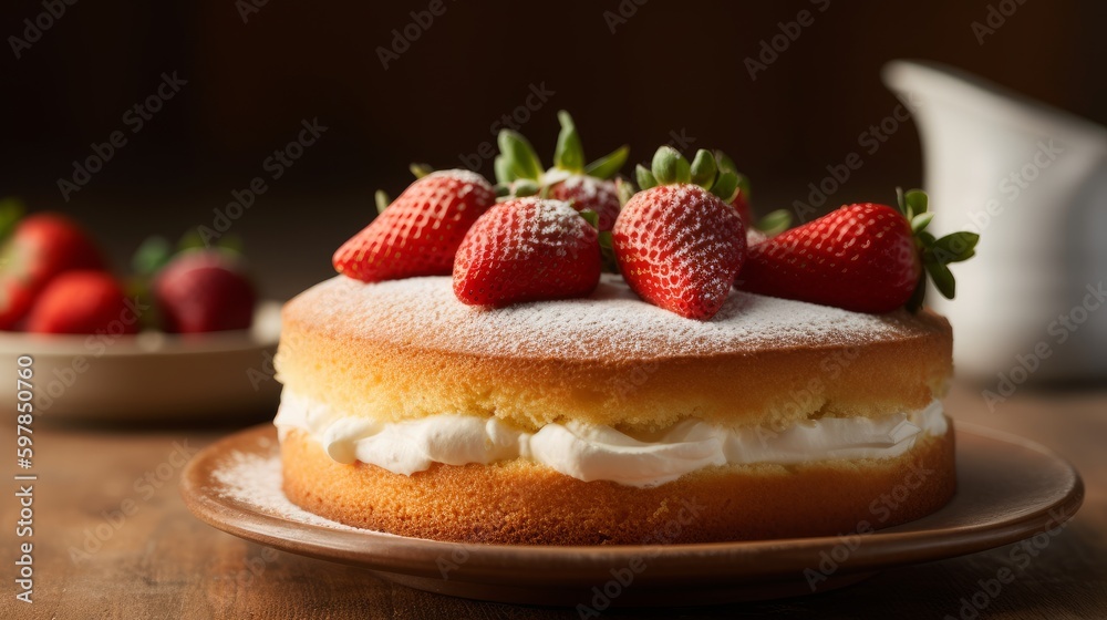 Classic Vanilla Sponge Cake with Fresh Strawberries and Whipped Cream. Generative AI. Classic Vanilla Sponge Cake with Fresh Strawberries and Whipped Cream. Generative AI.