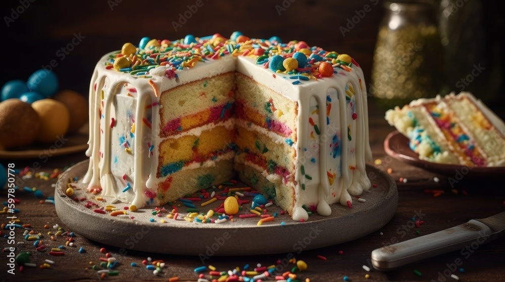Colorful Funfetti Cake with Vanilla Buttercream and Rainbow Sprinkles. Generative AI.