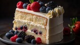 Classic Vanilla Cake with Vanilla Buttercream and Fresh Berries. Generative AI.