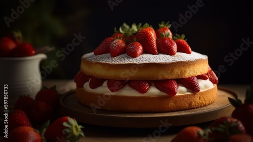 Classic Vanilla Sponge Cake with Fresh Strawberries and Whipped Cream. Generative AI.