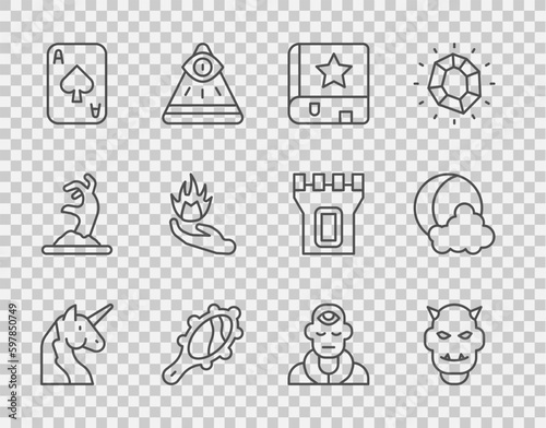 Set line Unicorn, Mask of the devil with horns, Ancient magic book, Magic hand mirror, Playing cards, Hand holding fire, Wizard warlock and Moon stars icon. Vector