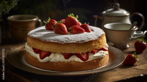 Classic Vanilla Sponge Cake with Fresh Strawberries and Whipped Cream. Generative AI.