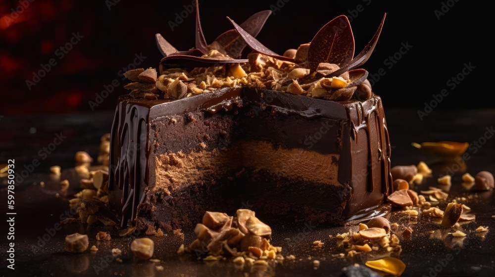 Decadent Chocolate Mousse Cake with Chocolate Shavings and Gold Leaf. Generative AI.