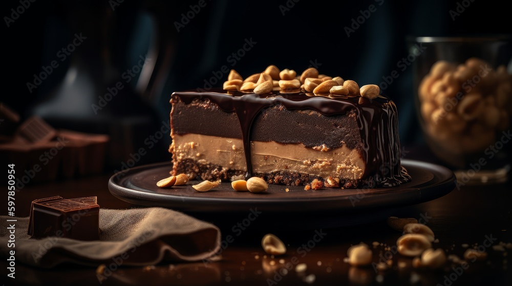 Decadent Chocolate Peanut Butter Cheesecake with Chocolate Ganache and Peanuts. Generative AI.