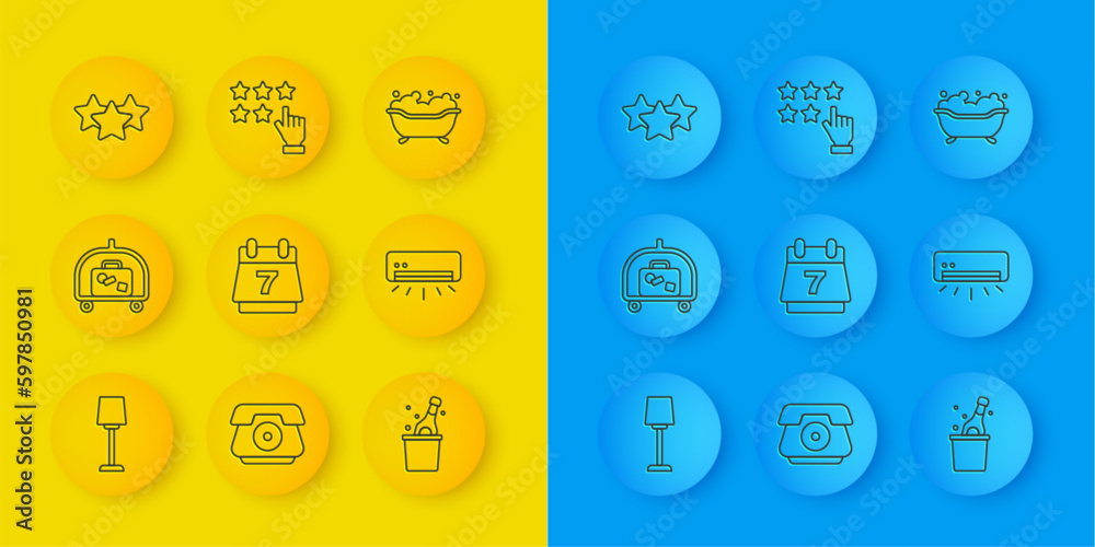 Set line Table lamp, Hotel luggage cart, booking calendar, Bottle of champagne, Air conditioner, Stars rating, Bathtub and icon. Vector Set line Table lamp, Hotel luggage cart, booking calendar, Bottle of champagne, Air conditioner, Stars rating, Bathtub and icon. Vector