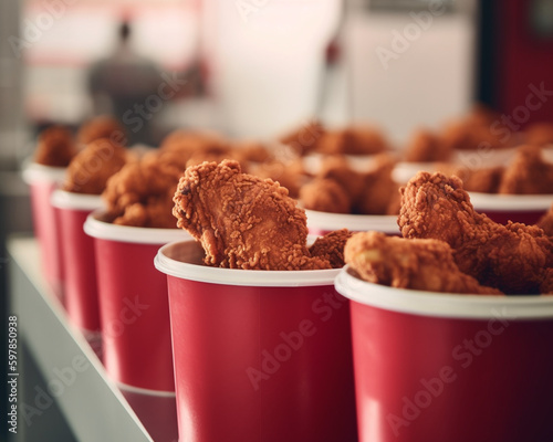 red bucket of fried chicken on a fast food store, generative ai