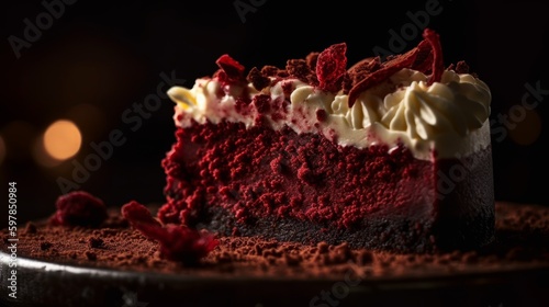 Decadent Red Velvet Cheesecake with Cream Cheese Frosting and Chocolate Shavings. Generative AI.