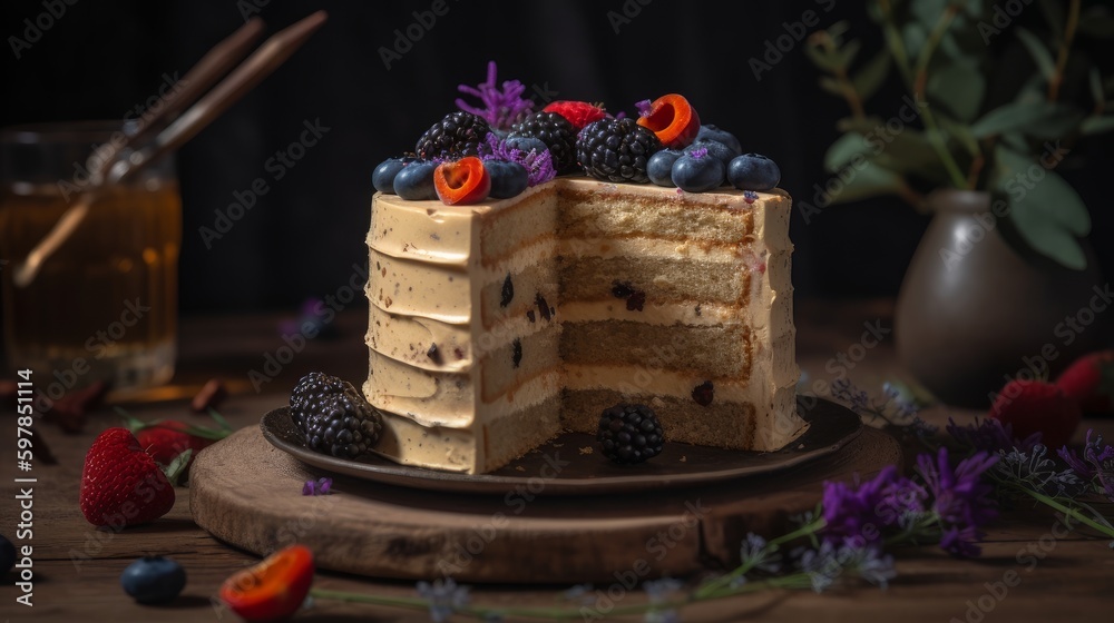 Dreamy Earl Grey Lavender Cake with Honey Buttercream and Fresh Berries. Generative AI.