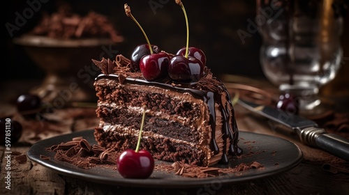 Elegant Black Forest Cake with Chocolate Shavings and Fresh Cherries. Generative AI.