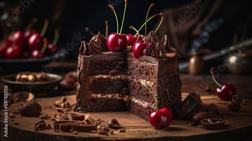 Elegant Black Forest Cake with Chocolate Shavings and Fresh Cherries. Generative AI.