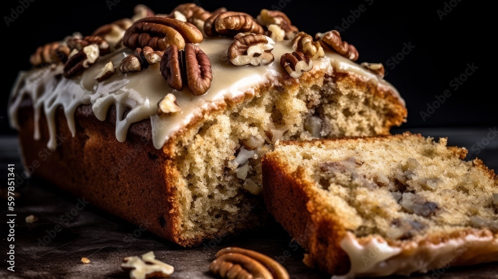 Moist Banana Bread Cake with Cream Cheese Frosting and Chopped Pecans. Generative AI. Moist Banana Bread Cake with Cream Cheese Frosting and Chopped Pecans. Generative AI.