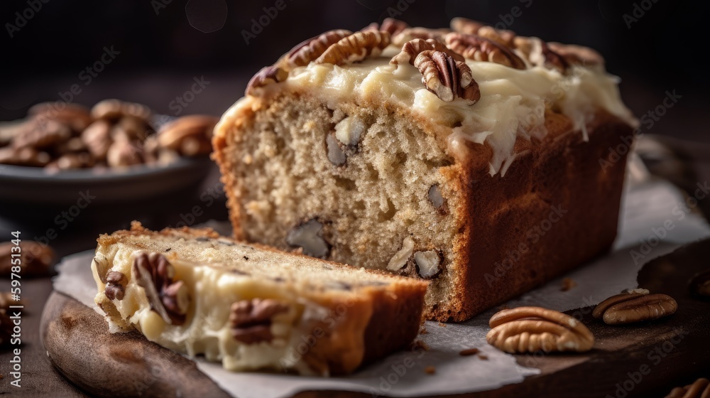 Moist Banana Bread Cake with Cream Cheese Frosting and Chopped Pecans. Generative AI. Moist Banana Bread Cake with Cream Cheese Frosting and Chopped Pecans. Generative AI.