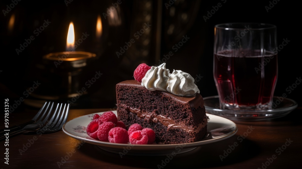 Elegant Red Wine Chocolate Cake with Raspberry Compote and Whipped Cream. Generative AI. Elegant Red Wine Chocolate Cake with Raspberry Compote and Whipped Cream. Generative AI.