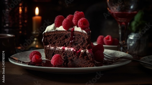 Elegant Red Wine Chocolate Cake with Raspberry Compote and Whipped Cream. Generative AI.