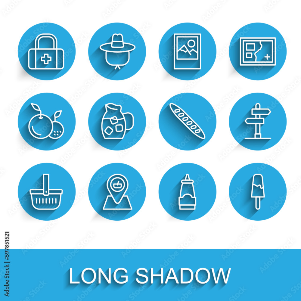 Set line Picnic basket, location, First aid kit, Sauce bottle, Ice cream, Jug glass with water, Road traffic sign and French baguette bread icon. Vector