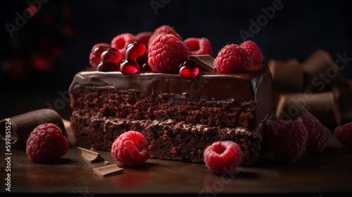 Decadent Chocolate Raspberry Cake with Chocolate Ganache and Fresh Raspberries. Generative AI.