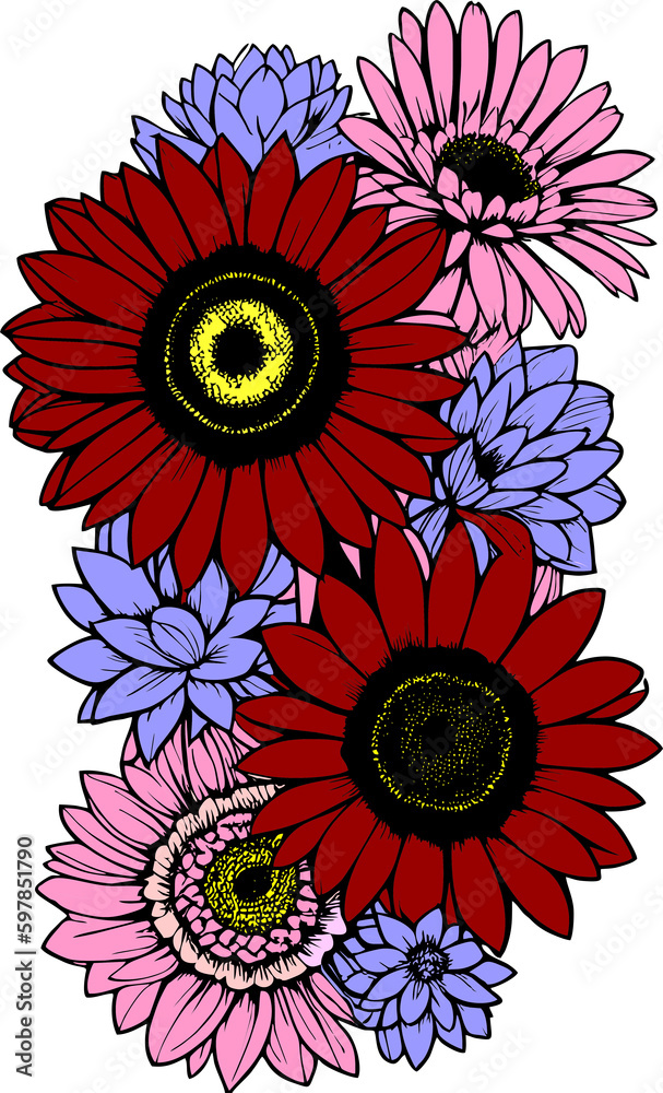 stylized bouquet of blue, pink and red flowers without background, isolated element