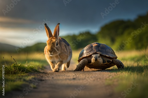 rabbit and tortoise running on the way in the middle of the forest