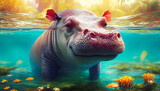 Stunning Tropical Surreal Hippo. Generative AI