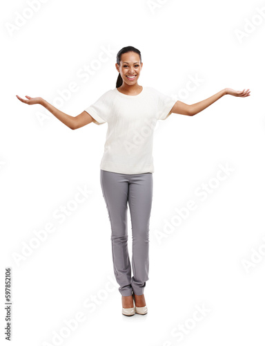 Smile, arms out for presentation and happy woman isolated on transparent png background for advertising promo. Happiness, choice and excited model, open palm showing discount info for deal or offer. © Khushboo/peopleimages.com