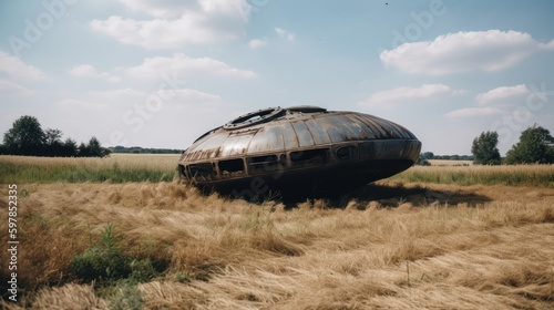 Abandoned and old UFO wreckage in field. Generative AI.