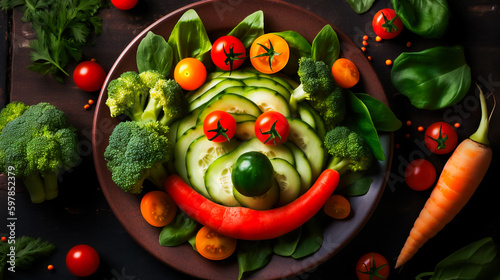 A plate of vegetables arranged to look like a funny face. AI Generated © EwaStudio