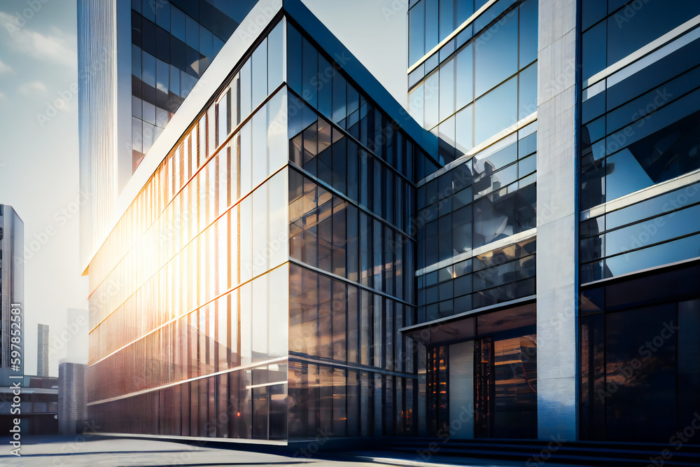 The Beauty of Glass Architecture with a Blue Sky. Large Office Building with many windows. Generative AI. The Beauty of Glass Architecture with a Blue Sky. Large Office Building with many windows. Generative AI.