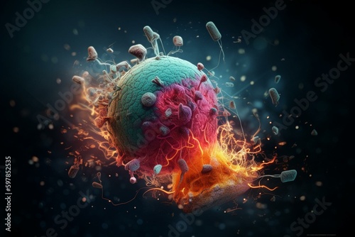 Illustration of tumor cell destruction. Various stages shown. Suitable for depicting impact of medicines, nanoparticles, and microbes. Generative AI