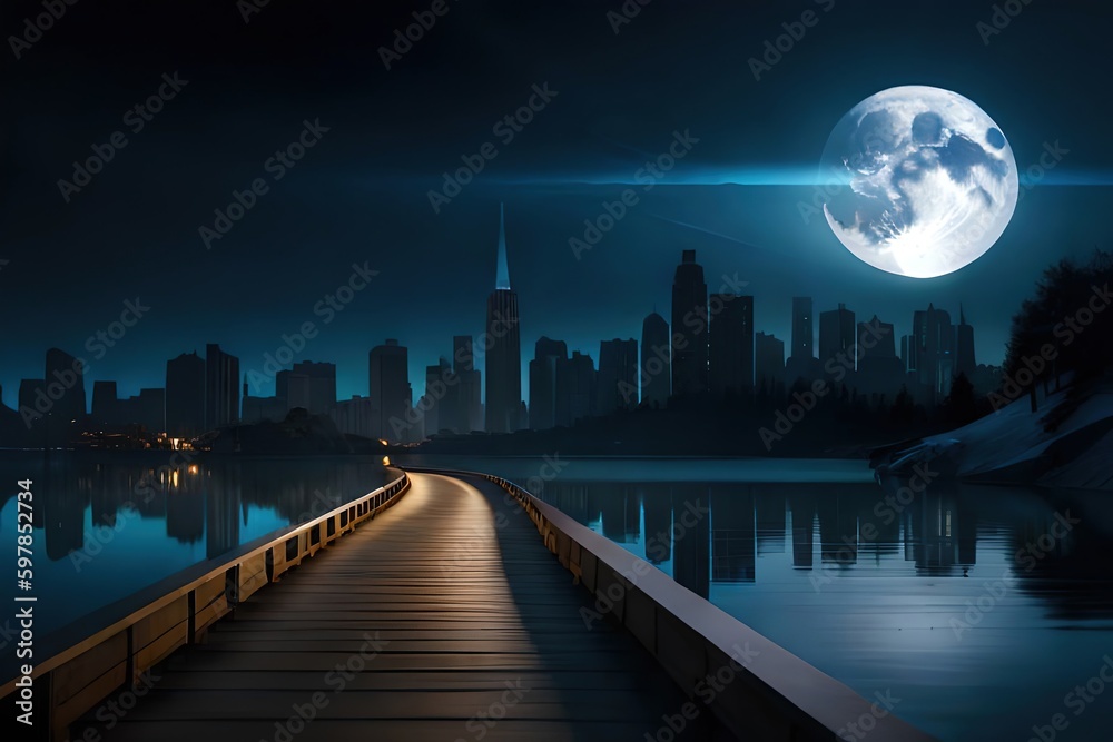 Fototapeta premium night view of the city with big moon, generative ai
