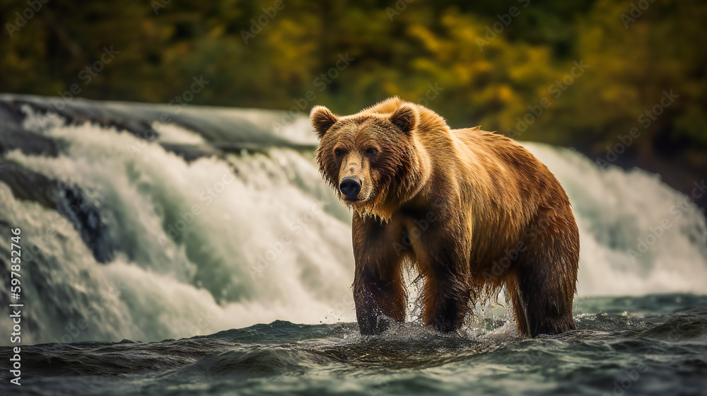 Brown bear catches salmon at waterfall. Ai Generated Brown bear catches salmon at waterfall. Ai Generated