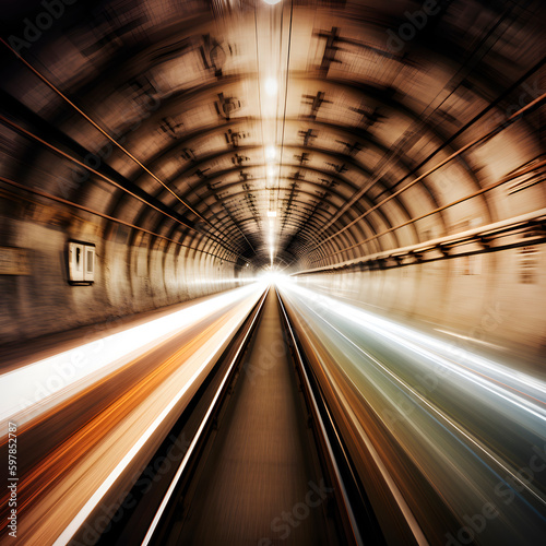 Metro subway with dark tunnel and a train moving fast created with Generative AI technology.