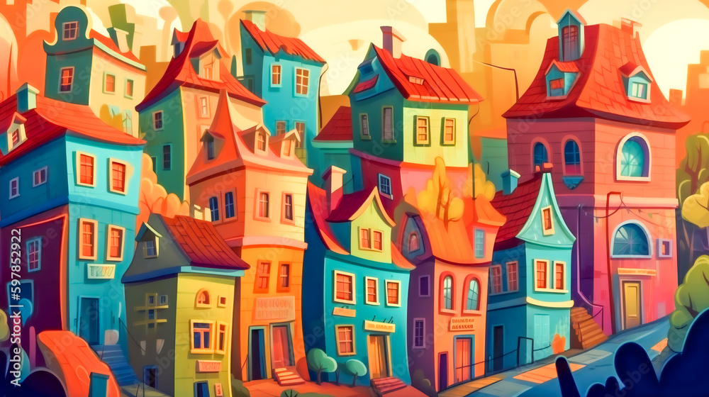 Colorful Cartoon Houses. Generative AI
